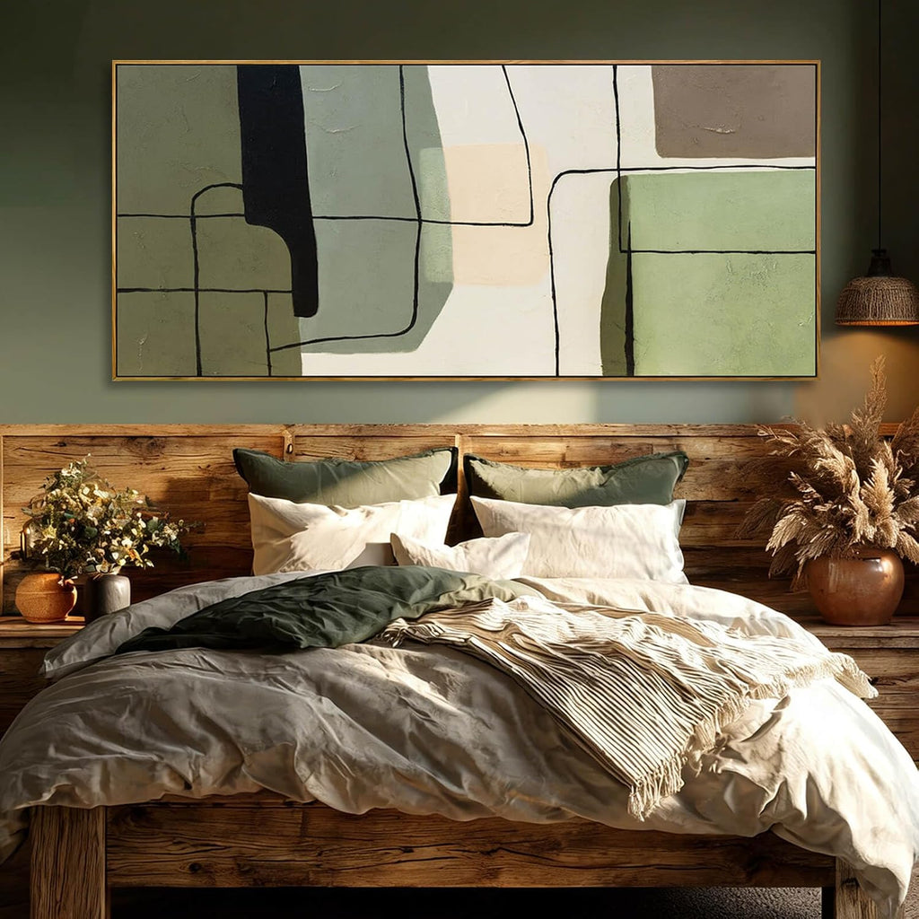 Green and beige abstract framed canvas wall art