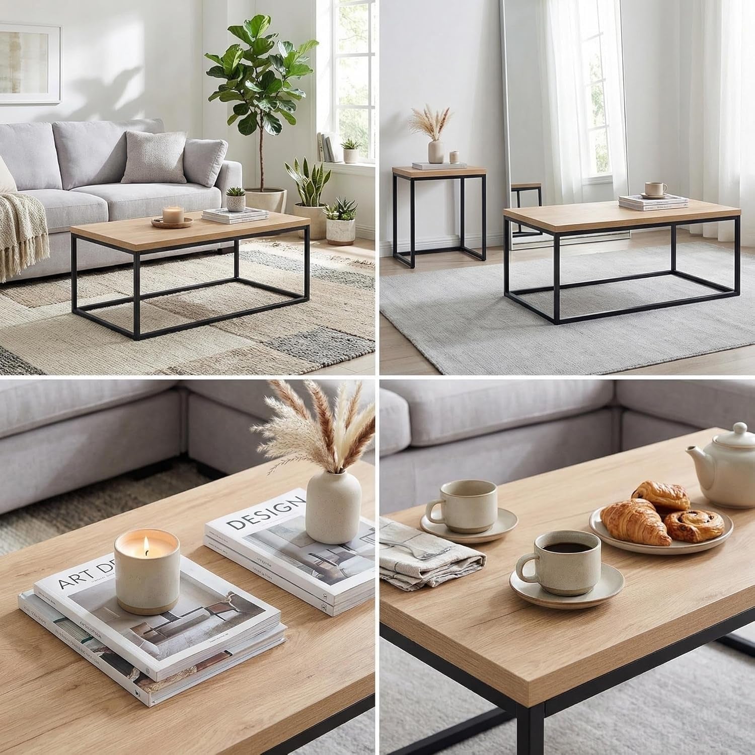40" Natural Oak Coffee Table, Extra Thick 1.2" Top | Modern Industrial Style, Black Metal Legs, Rectangle Minimalist Design, Sturdy & Easy Assembly