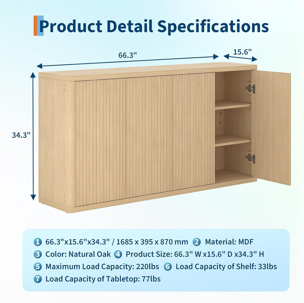 66.3In Large Sideboard Buffet Cabinet, Kitchen Modern Fluted Cupboard Coffee Bar Console Table Credenza Storage Cabinet with Adjustable Shelves for Living Room Hallway, 4 Doors