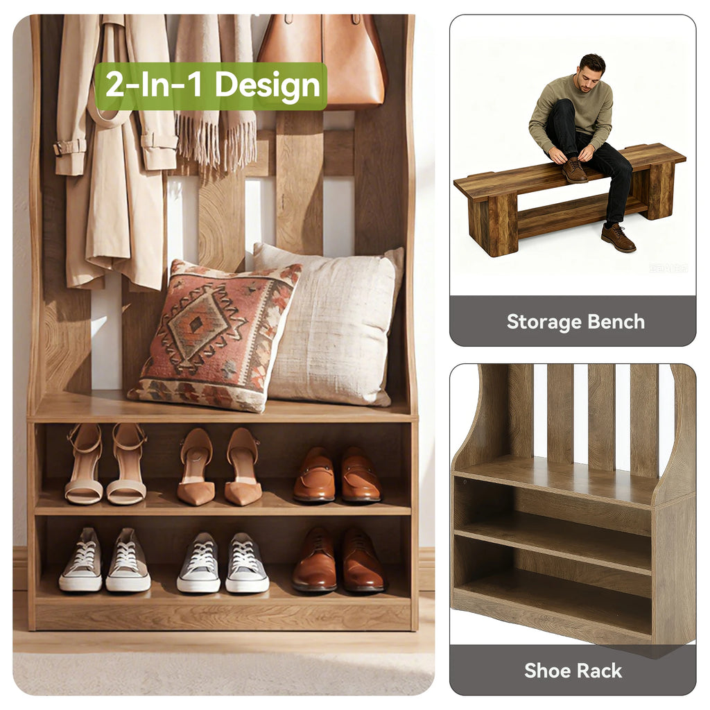 3-In-1 Coat Rack with Shoe Bench, 70.9" Tall Hall Tree with 7 Hooks, Farmhouse Entryway Coat Rack with 2 Tier Shoe Storage for Entryway, Living Room, Bedroom, Brown