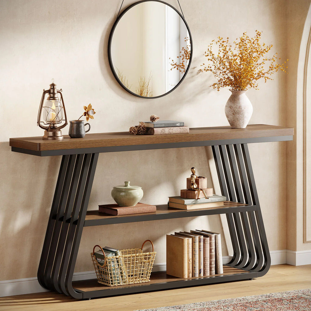 55" Entryway Table with Shelves, 3-Tier Console Table Sofa Table with Iron Frame, Wooden Entry Table for Living Room, Foyer, Hallway, Industrial Style