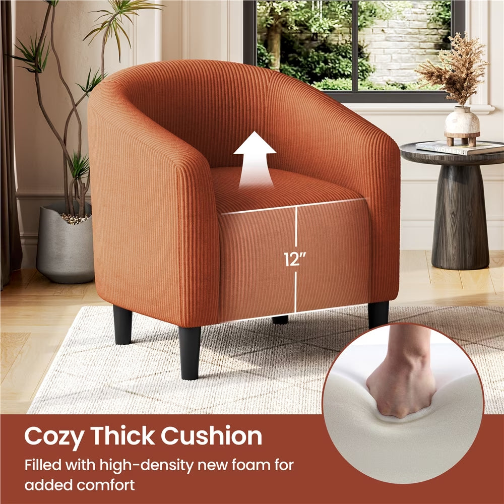 Corduroy Fabric Accent Barrel Chair with Elastic Foam Fills, Brick Red