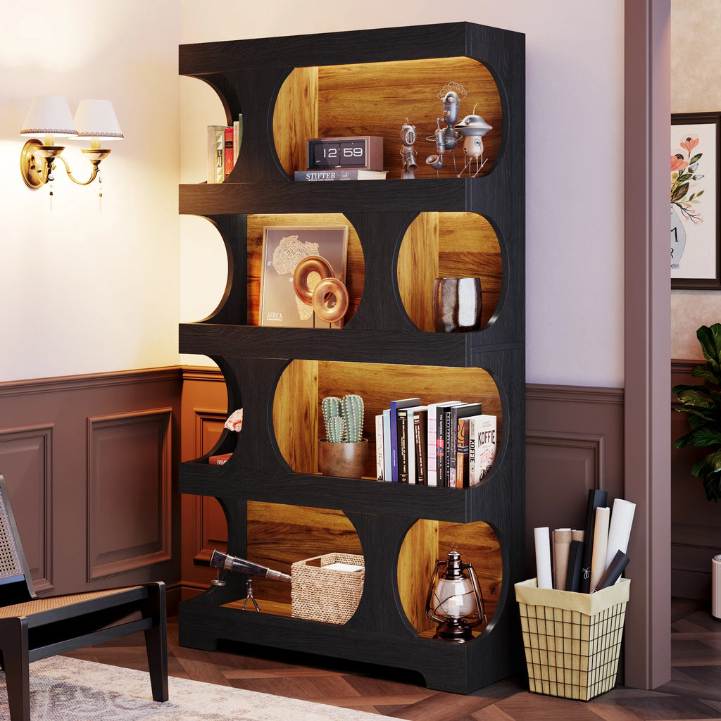 71" Tall Bookcase, 4-Tier S-Shaped Bookshelf, Wood Decorative Storage Shelving, Modern Freestanding Display Shelves