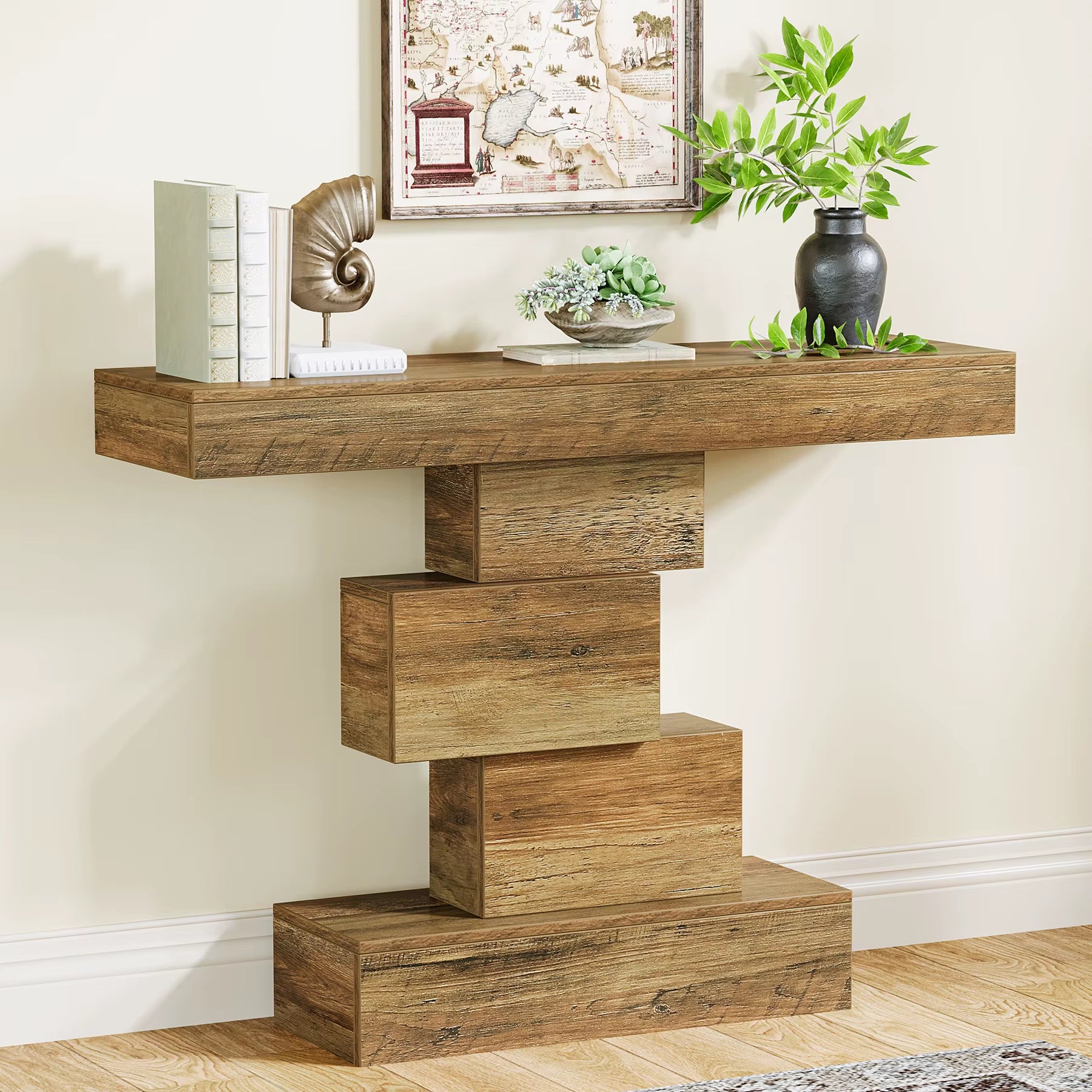 42.5" Farmhouse Console Table, Narrow Wood Sofa Table behind Couch with Geometric Base, Industrial Entryway Accent Ta