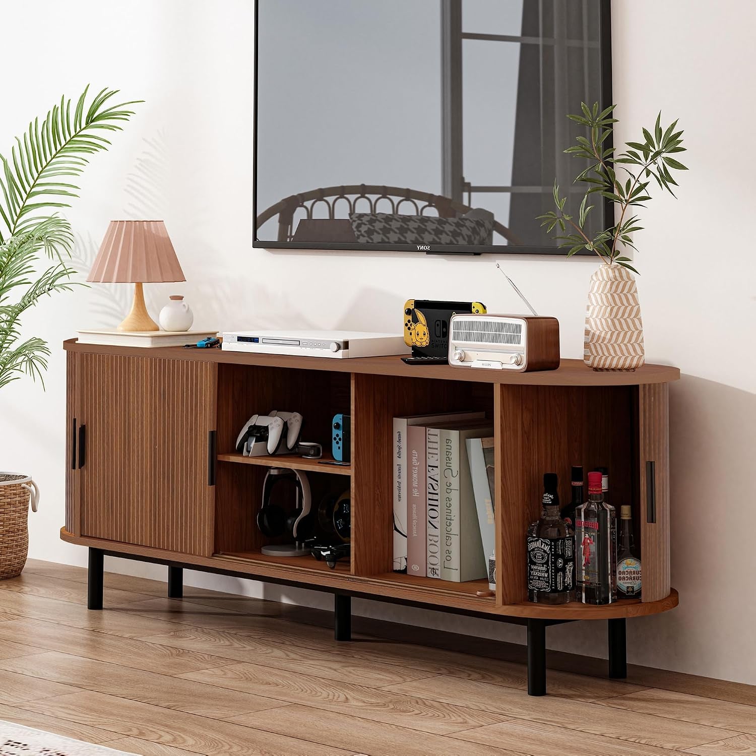 62" Tambour Door TV Stand,Wood Mid Century Modern TV Cabinet for up to 70“ Tv,Curved Edge Long TV Stand with Storage for Bedroom Living Room(Walnut, 62.2Inch)
