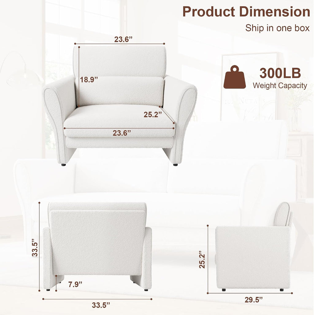 Modern Accent Chair, Boucle Upholstered Armchair for Living Room, Mid-Century Lounge Chair, Comfy Single Sofa for Bedroom, Ivory
