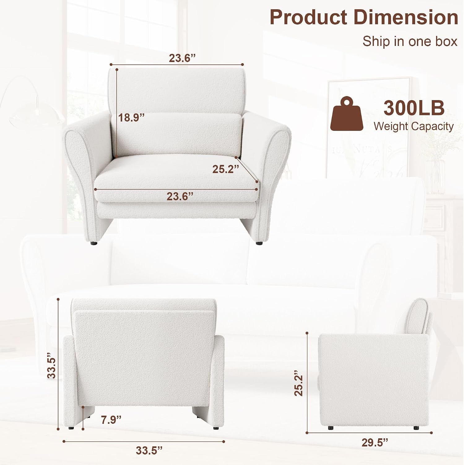 Modern Accent Chair, Boucle Upholstered Armchair for Living Room, Mid-Century Lounge Chair, Comfy Single Sofa for Bedroom, Ivory