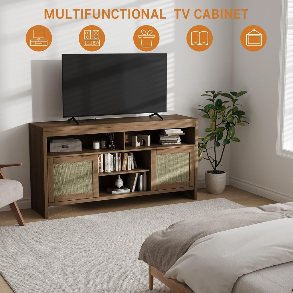 58 in Rattan TV Stand, Natural Oak Entertainment Center-Brown | for Tvs up to 65 Boho Style,Adjustable Shelves Storage,Wooden Console Cabinet for Living Room,Bedroom, Farmhouse