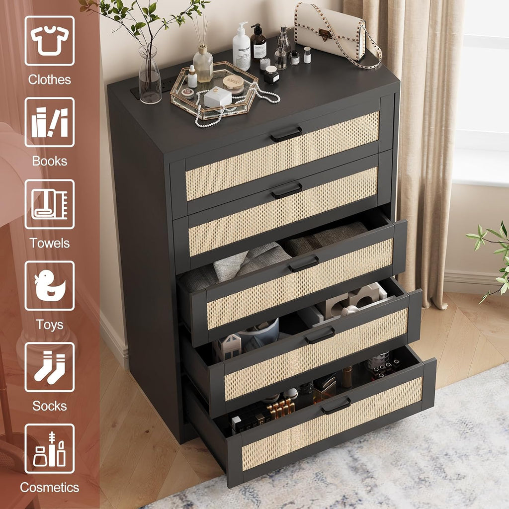 Rattan 5 Drawer Dresser, Wood Tall Chest of Drawers, Black | Rattan Dresser for Bedroom with Power Outlets, 5-Drawer Wood Tall Chest of Drawers