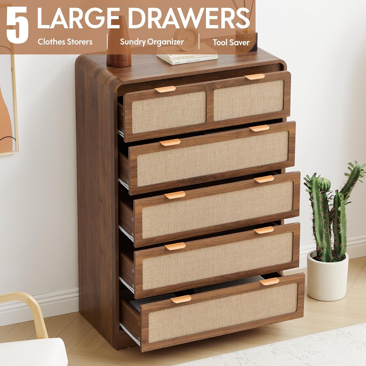 43" Tall 5 Drawer Dresser for Bedroom, Modern Wood Dresser, Walnut | Wooden Tall Dresser, Mid Century Modern Dresser with Natural Linen, Curved Wood Chest of Drawers for Living Room, Hallway