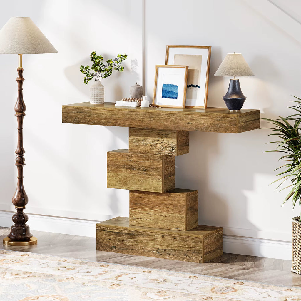 42.5" Farmhouse Console Table, Narrow Wood Sofa Table behind Couch with Geometric Base, Industrial Entryway Accent Ta
