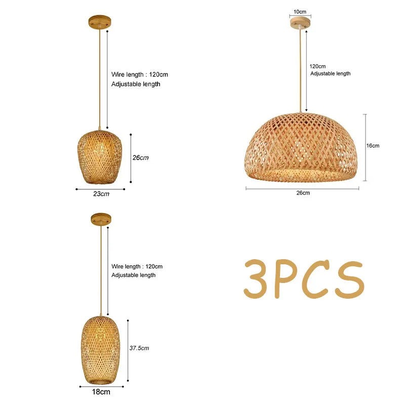 3 Pcs Lustre Rattan Wicker Lamp Shade Pendant Light Bamboo Ceiling Chandelier Set Suspended Luminaire Handmade Home Room Decor