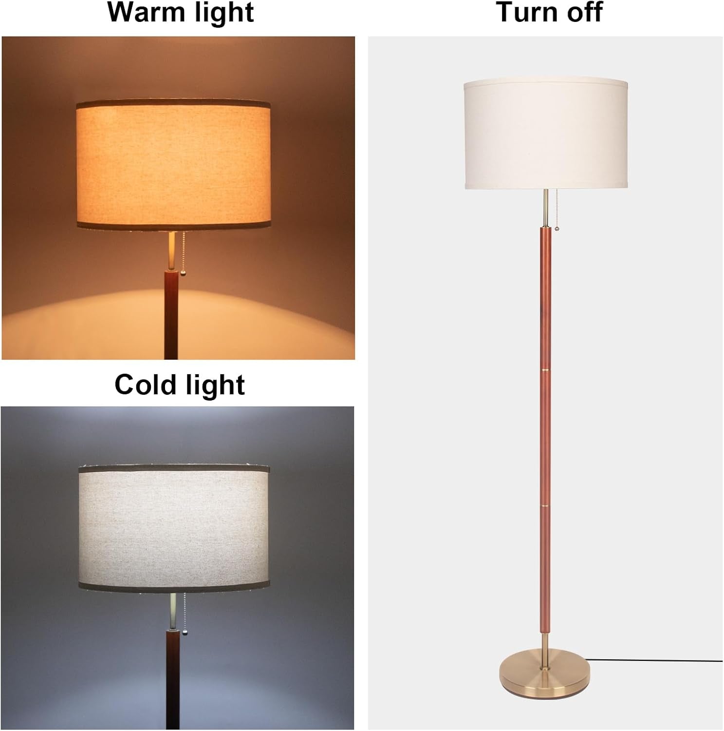 Mid-Century Modern Floor Lamp, Walnut Wood Finish, Drum Shade, Living Room Décor (64In, E26 LED)