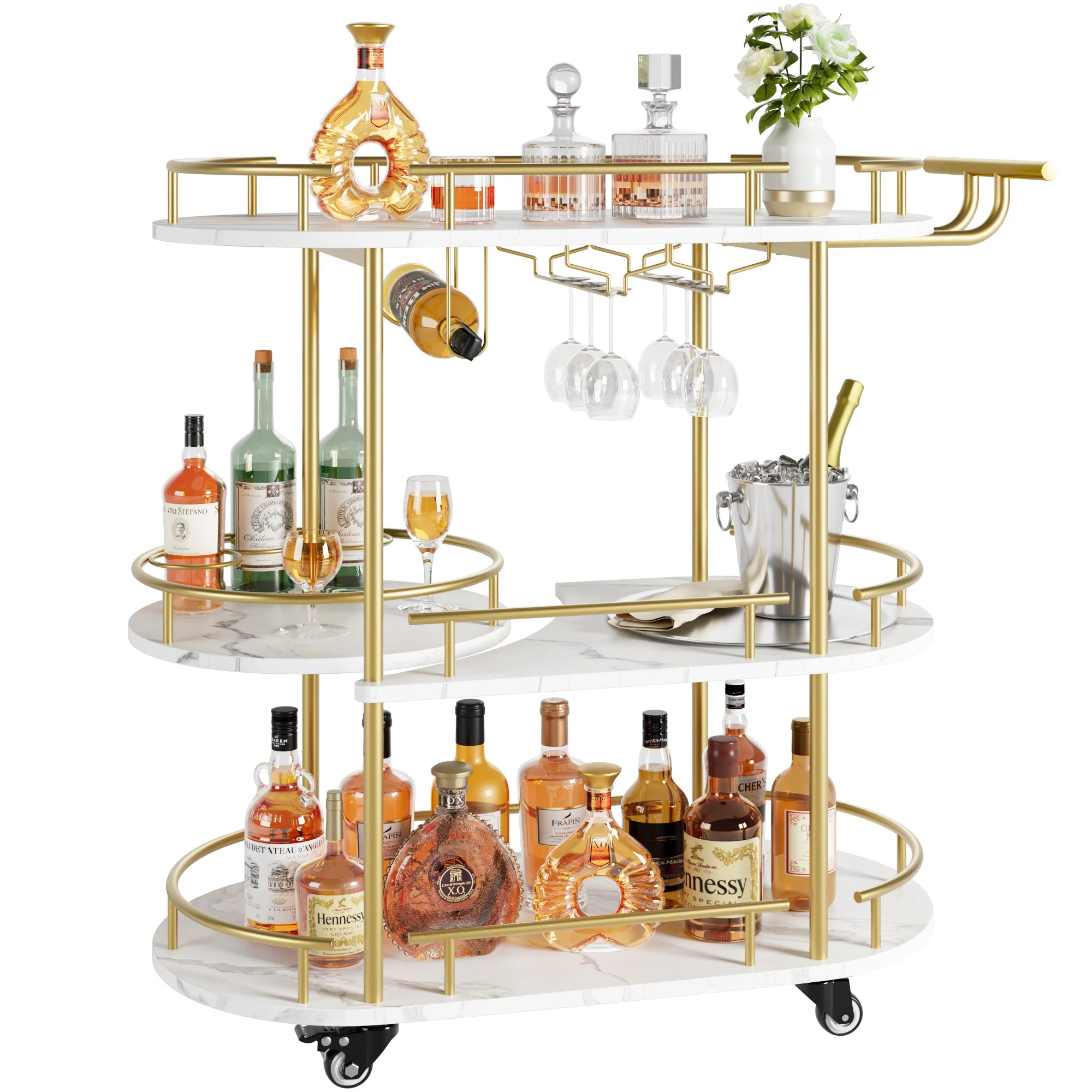 Gold Bar Cart 3 Tier Bar Carts for the Home Rotated Bar Cart Gold with Wine Rack and Glass Holder, Bar Serving Cart with Wheel
