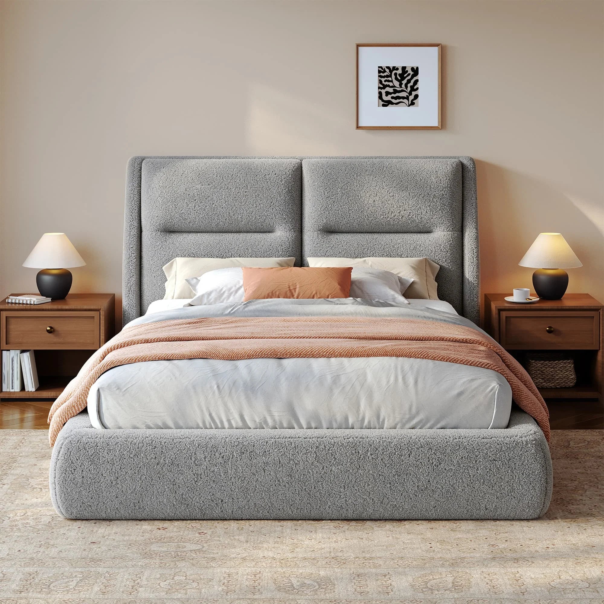 Boucle upholstered cloud bed frame
