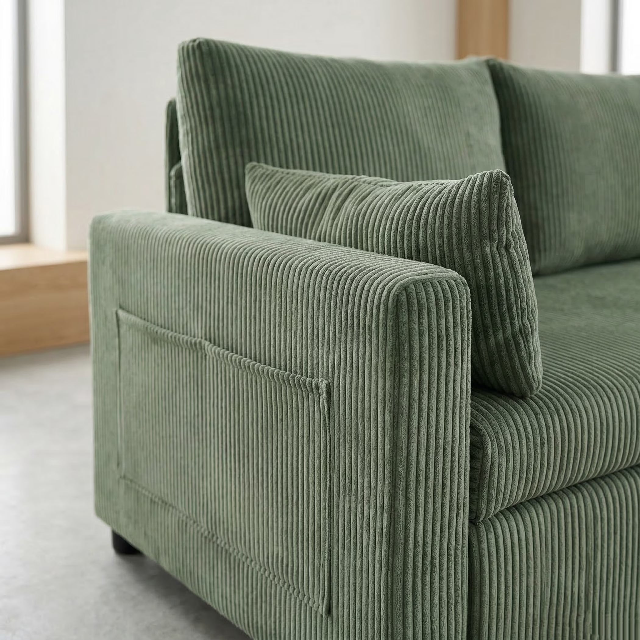 Olive drab corduroy L shaped sleeper sectional