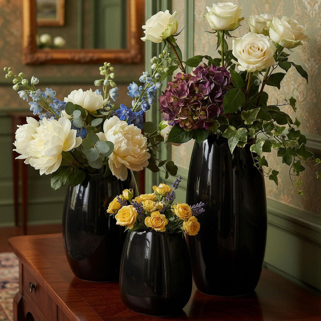 Ceramic Vase Set of 3 Black Flower Vase for Home Decor, Modern Decorative Vase for Flowers/Ideal Shelf Decor/Table/Living Room/Kitchen/Office-Black