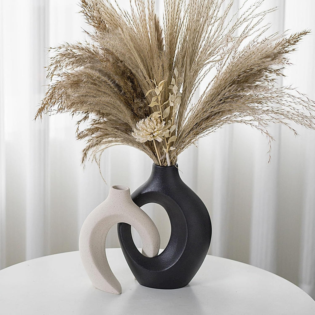 Black and Off-White Snuggle Hollow Ceramic Vase Set of 2 | Nordic Minimalist Aesthetic Snuggle Vases for Table Centerpiece Dining Living Room Book Shelf Decoration (W 6.3" X H 8.4")