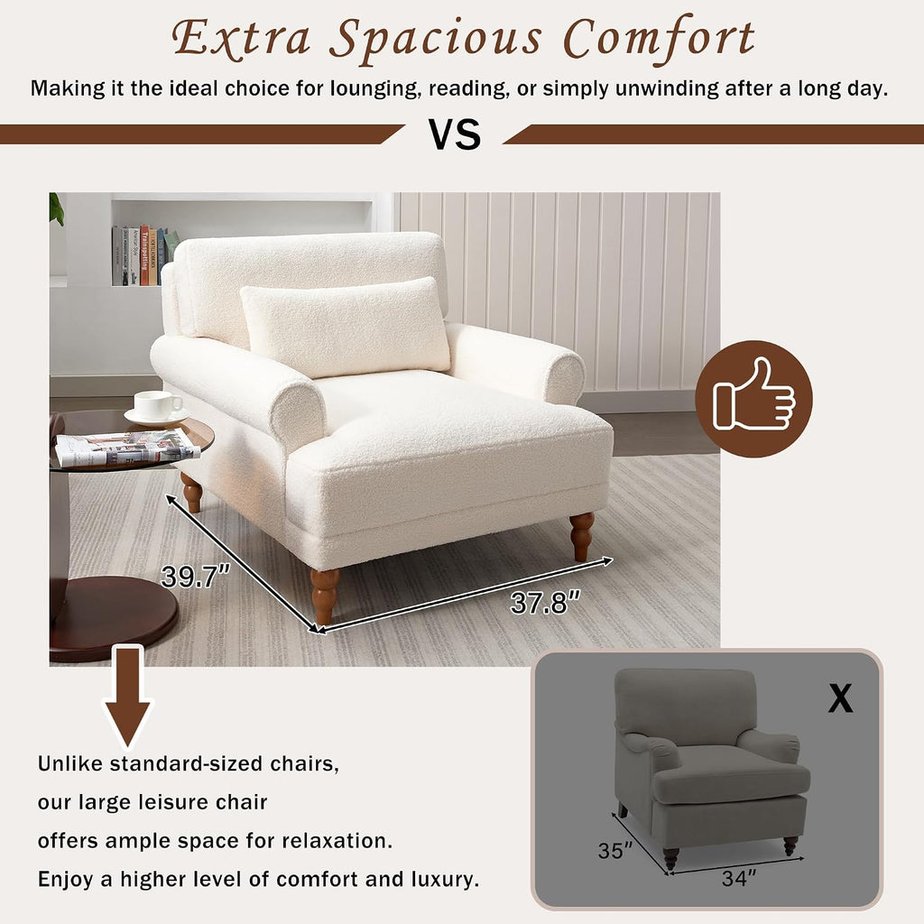 Accent Chair, Boucle Club Chair, Upholstered Lounge Chair, Large Size Armchair Roman Column Legs, Cozy Reading Single Sofa Chair for Living Room, Bedroom, Home Study, White