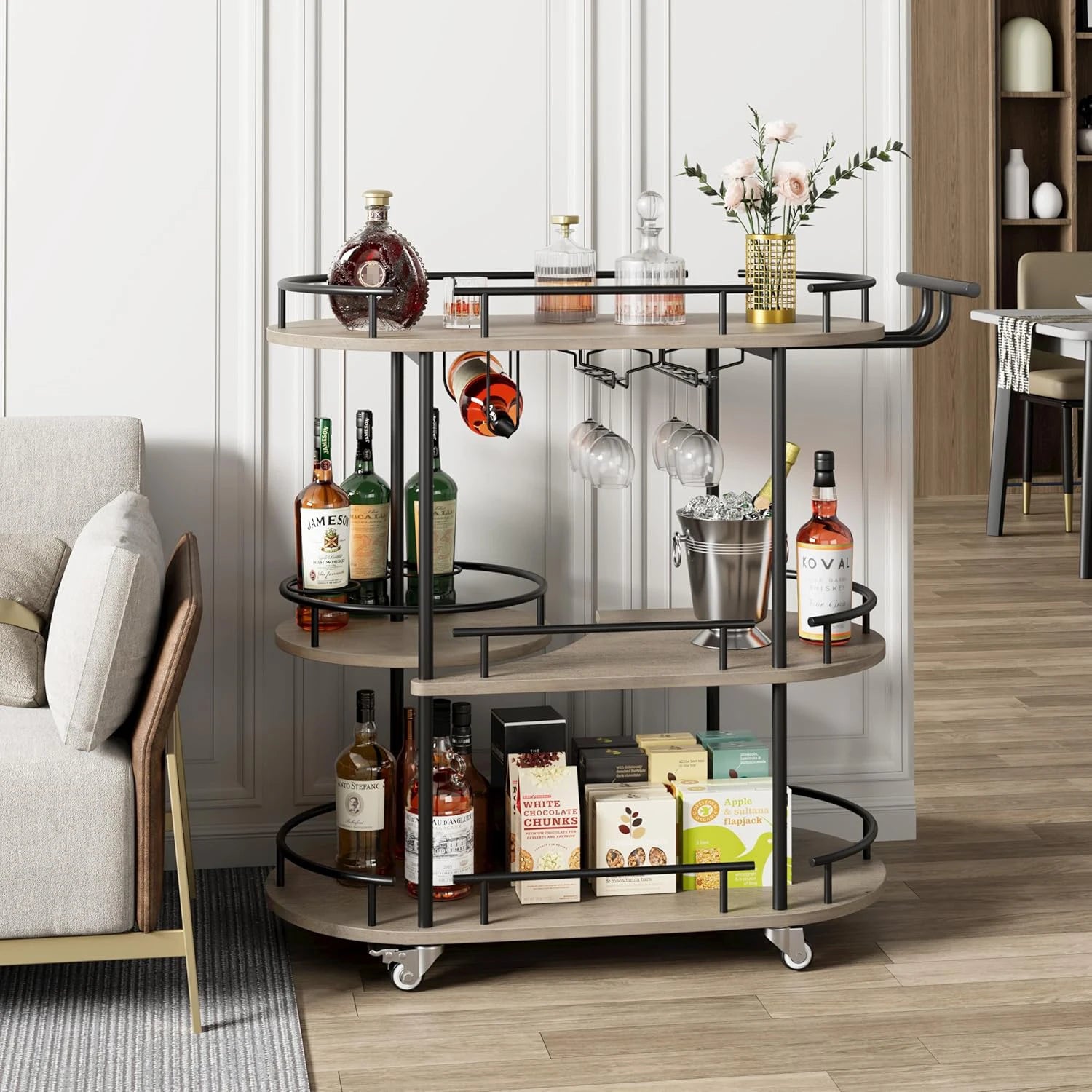 Gold Bar Cart 3 Tier Bar Carts for the Home Rotated Bar Cart Gold with Wine Rack and Glass Holder, Bar Serving Cart with Wheel