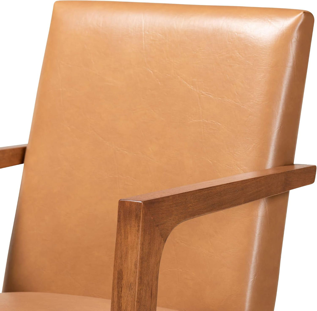 Andrea Mid-Century Modern Tan Faux Leather Upholstered and Walnut Brown Finished Wood 2-Piece Armchair Set