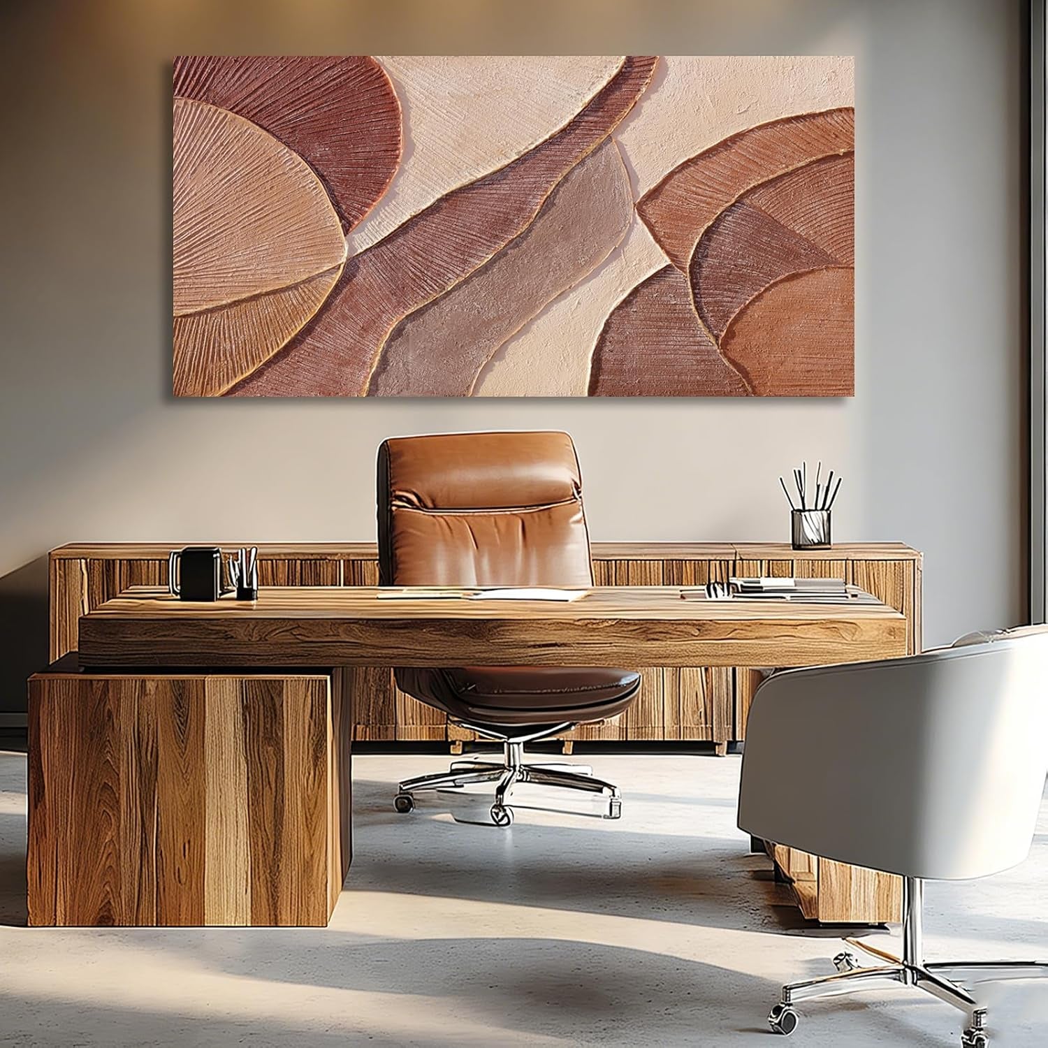Brown Beige Abstract Wall Art, Hand Painted Oil Painting for Office, Large Textured Horizontal Wall Decor for Living Room Bedroom, 24X48 Inch
