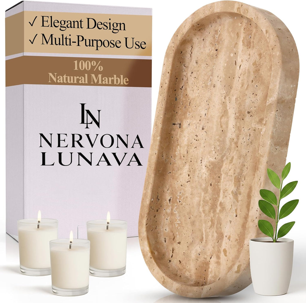 LUNAVA Travertine Tray for Bathroom Counter – Marble Tray for Kitchen Counter, Hand-Polished Natural Stone Caddy for Vanity, Sink, or Dresser, 9.8"X4.7"In, Beige