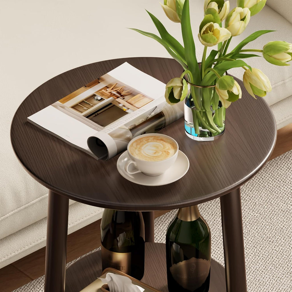 Solid Wood round End Table with Lower Shelf, round Side Table, Dark Walnut | Solid Wood round End Table with Lower Shelf for Storage,Small round Coffee Table.Fits Small Spaces in Living Room or Bedroom.