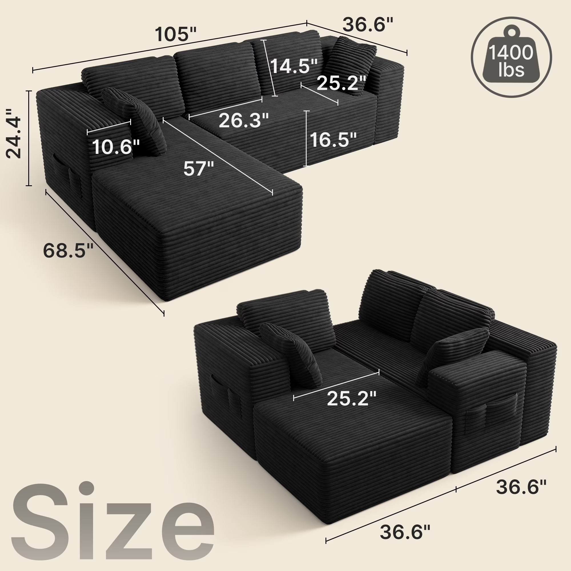 Sofa,  105" L-Shaped Sectional Couch for Living Room, High-Resilience Foam & Premium Corduroy Fabric, Free Assembly, Black