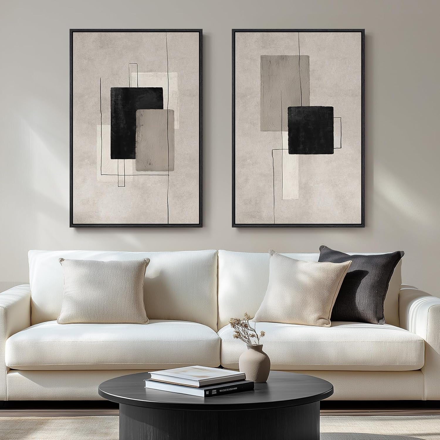 Large Framed Neutral Abstract Wall Art for Living Room Set of 2, 24X36 in | Block Lines, Canvas Prints, Modern Paintings, Minimalist Pictures, Black Beige, Geometric, Dining Room, Bedroom Wall Decor