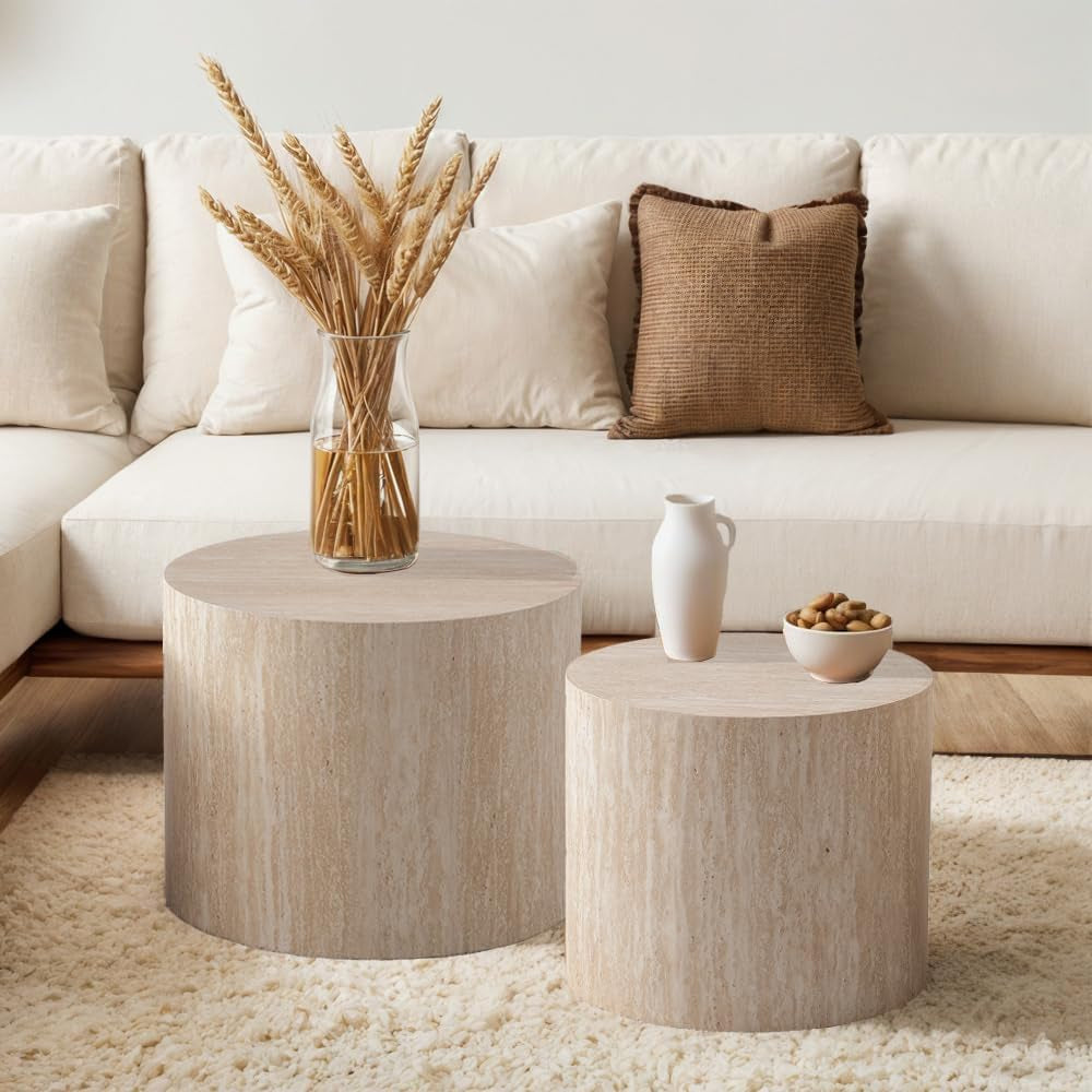 18" round Travertine Nesting Coffee Table Set of 2 (Travertine) | for Living Room, Travertine Side End Table, Nested Design, Mid Century Modern Circular Style, Non-Slip Pads, for Small Spaces