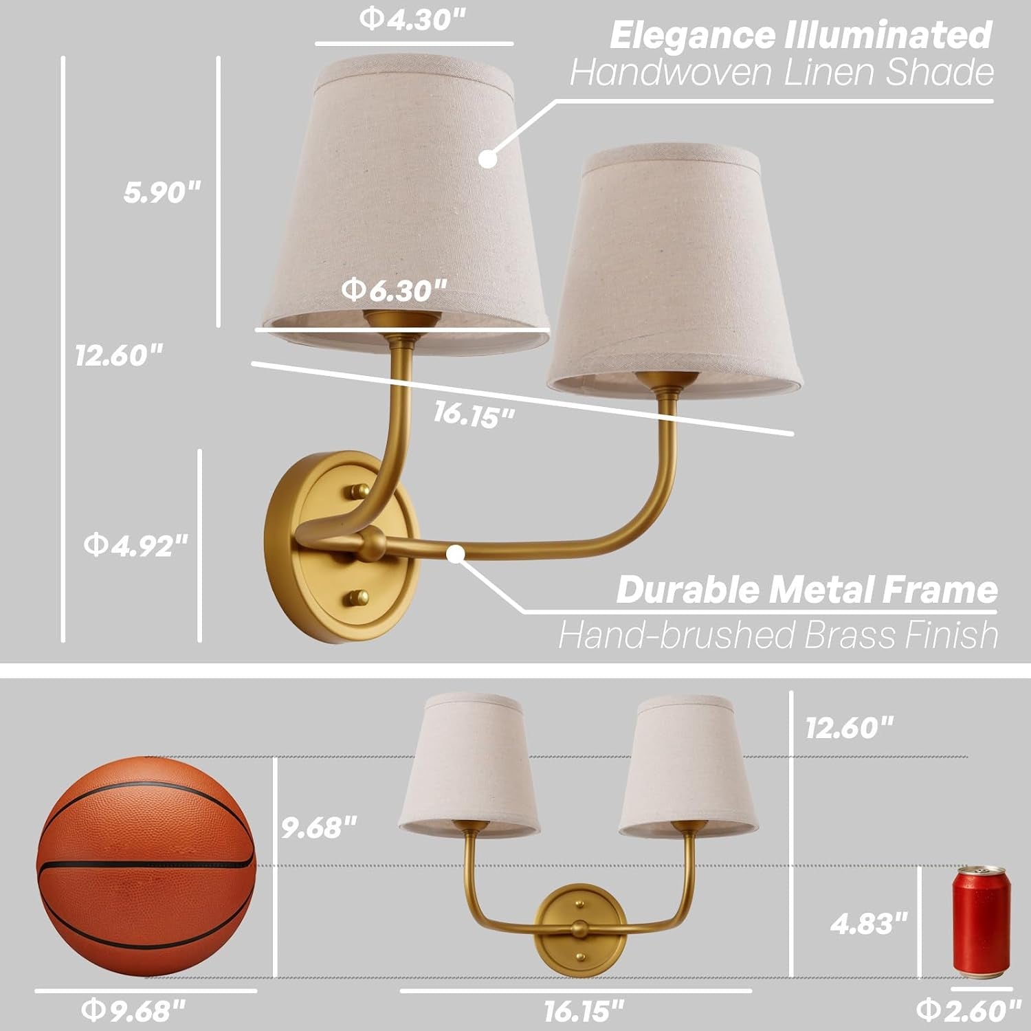 2-Light Vintage Wall Sconce,Brass Gold Double Wall Sconces with Linen Fabric Shade Hardwired Bathroom Vanity Light for Bedroom Living Room Bedside Kitchen Hallway Indoor E26 Base