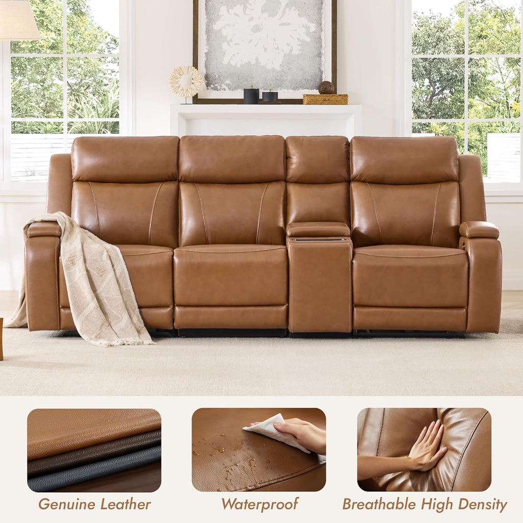 Zero Gravity Power Reclining Sofa with Console, Saddle | Genuine Leather Recliner Sofa, 3-Seater Couch, Flip-Middle Table, Storage Console, Power Headrests, Cup Holders, Living Room