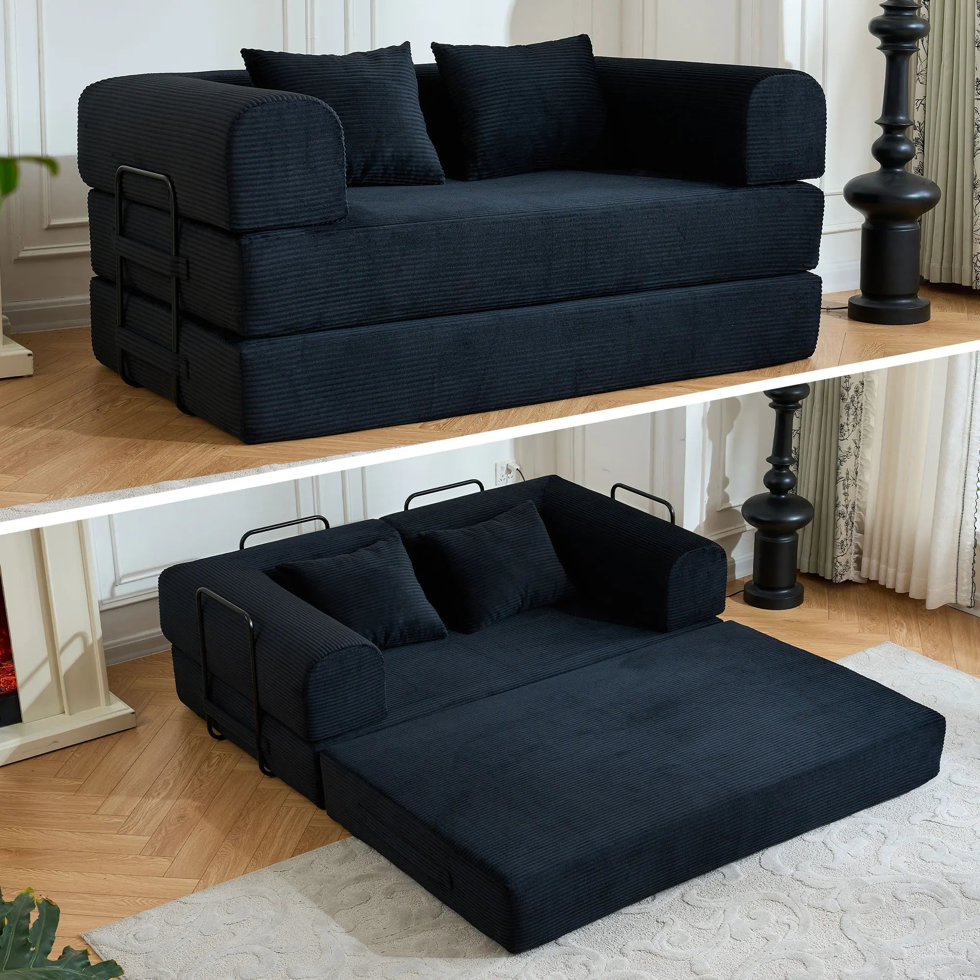 59" Boneless Folding Convertible Sofa Bed, Small 2-Seater Corduroy Futon Floor Couch with Pull Out Sleeper, No Assembly Boneless Loveseat for Living Room