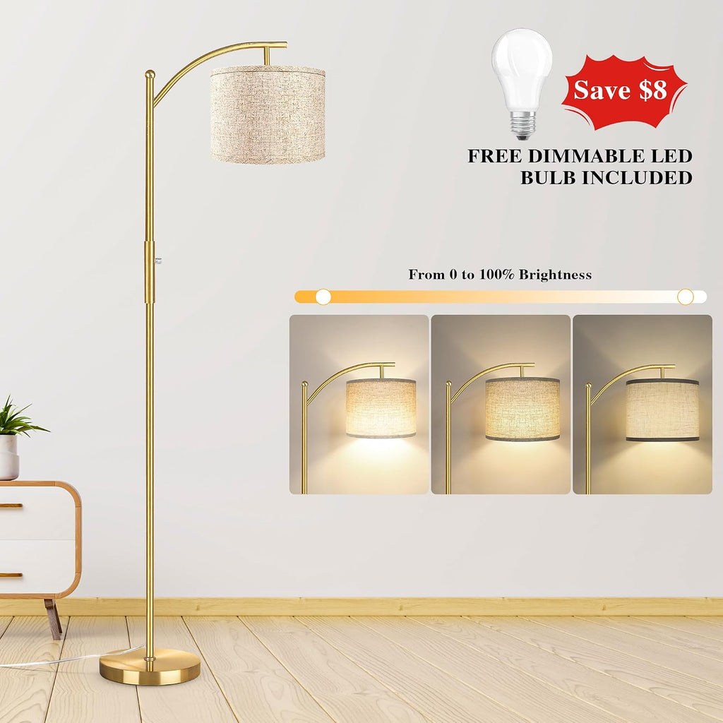 Dimmable Floor Lamp, Arc Floor Lamps for Living Room, Stepless Dimming Modern Standing Lamp with Linen Shade, Tall Lamp for Bedroom Office Dining Room- Brushed Gold