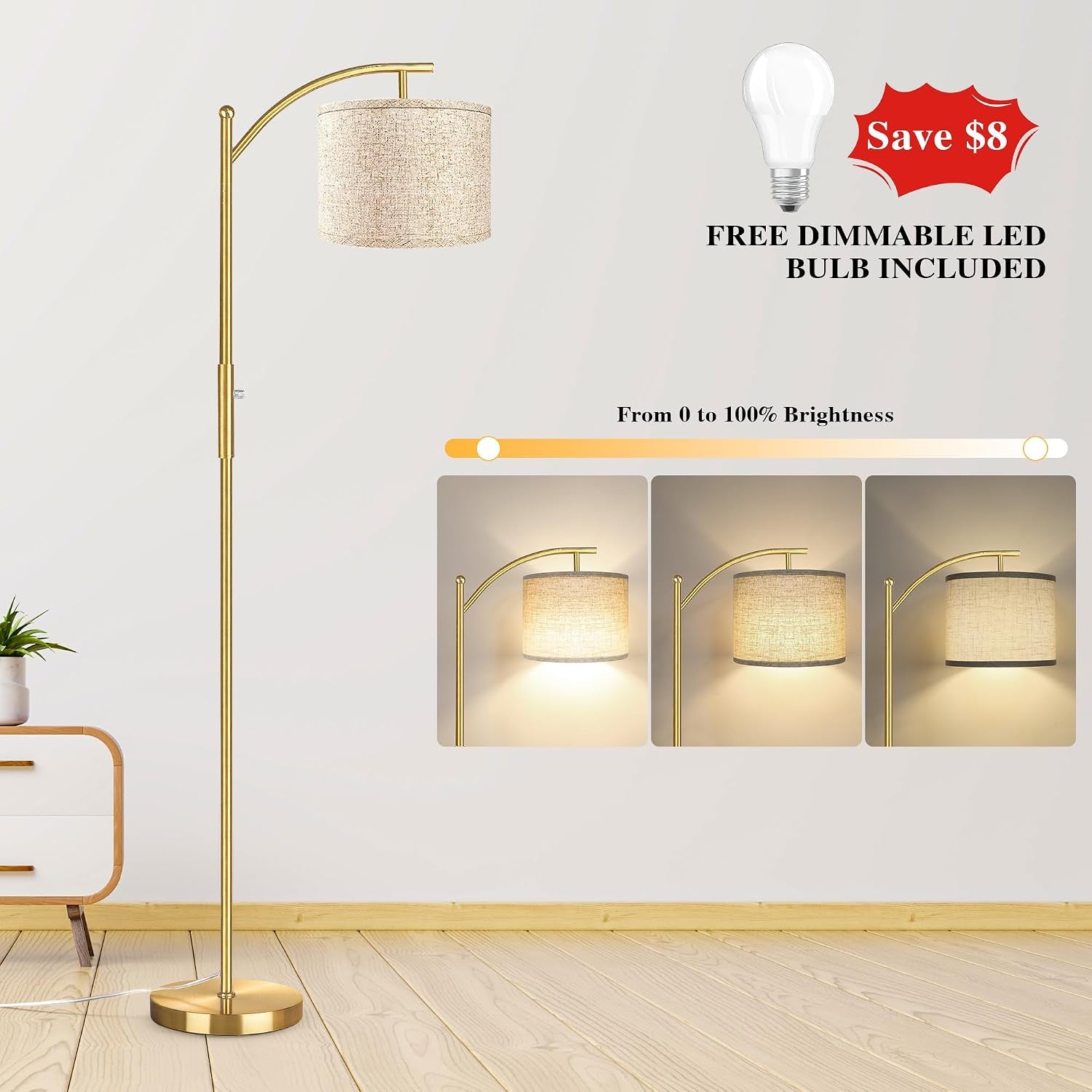 Dimmable Floor Lamp, Arc Floor Lamps for Living Room, Stepless Dimming Modern Standing Lamp with Linen Shade, Tall Lamp for Bedroom Office Dining Room- Brushed Gold