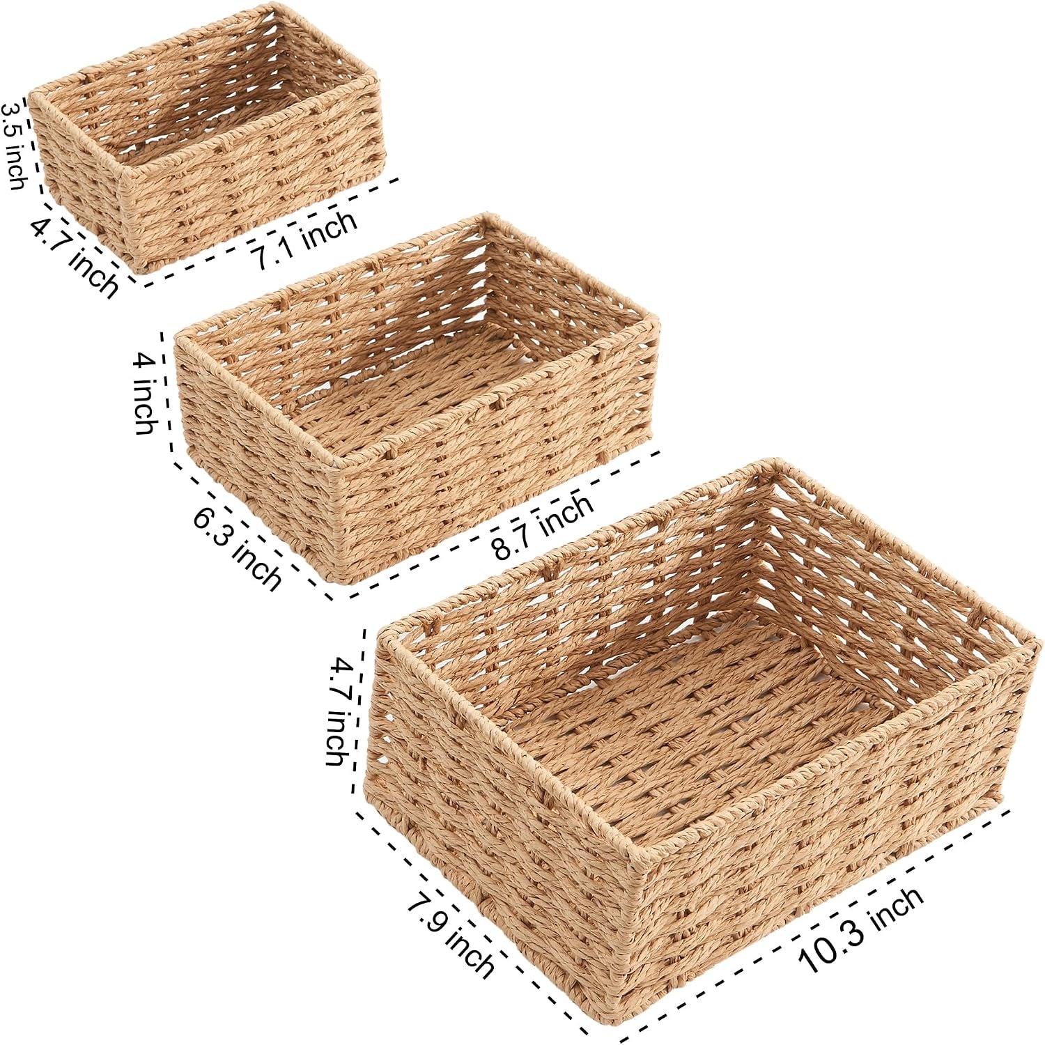 Small Wicker Basket for Organizing, Woven Storage Basket Sets of 3 | Handwoven Natural Paper Rope Baskets to Declutter Any Room, Perfect for Organizing and Home Decor