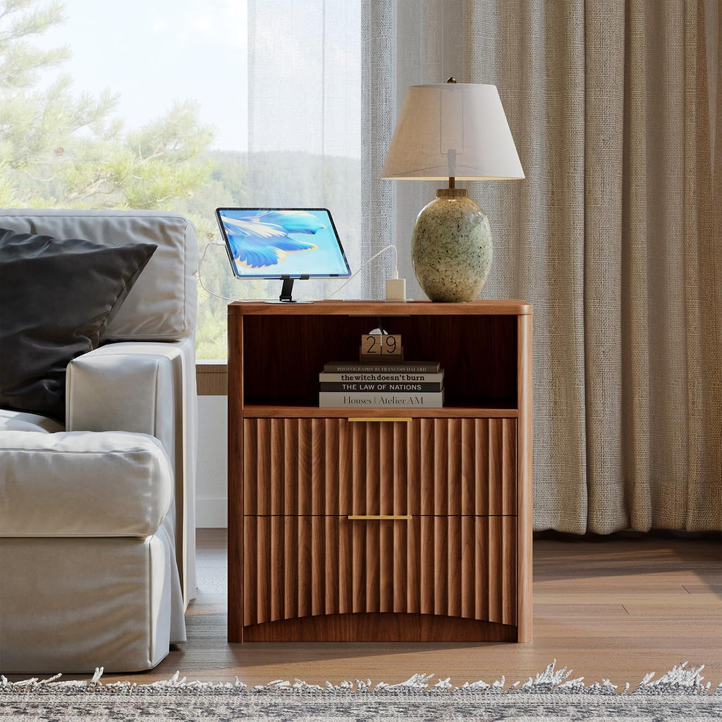 Fluted Nightstand with Charging Station and 2 Drawers, Walnut | Mid Century Modern End Table with Drawer and Storage, Large Wood Night Stand for Bedroom, Living Room, Apartment