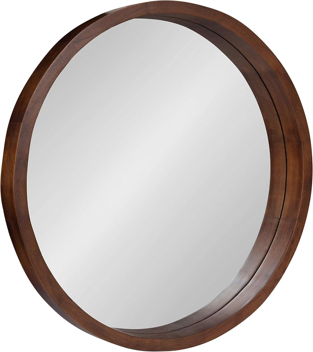 Hutton round Decorative Modern Wood Frame Wall Mirror, 22 Inch Diameter, Walnut Finish