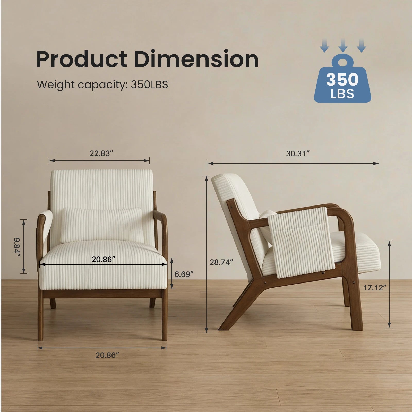 Mid-Century Solid Wood Frame Office Chair Ergonomic Armchair with Lumbar Pillow High Backrest Heavy Capacity for Office