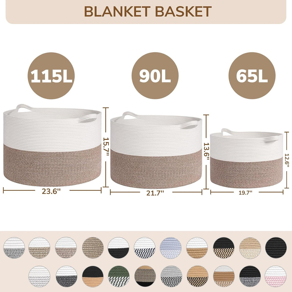115L Extra Large Woven Rope Blanket Basket Living Room Whiteblack | 23.6" X 15.7" Storage Baskets for Toys Laundry & Pillows. Fits Living Room, Bedroom or Nursery Décor. Soft-Touch with Handles