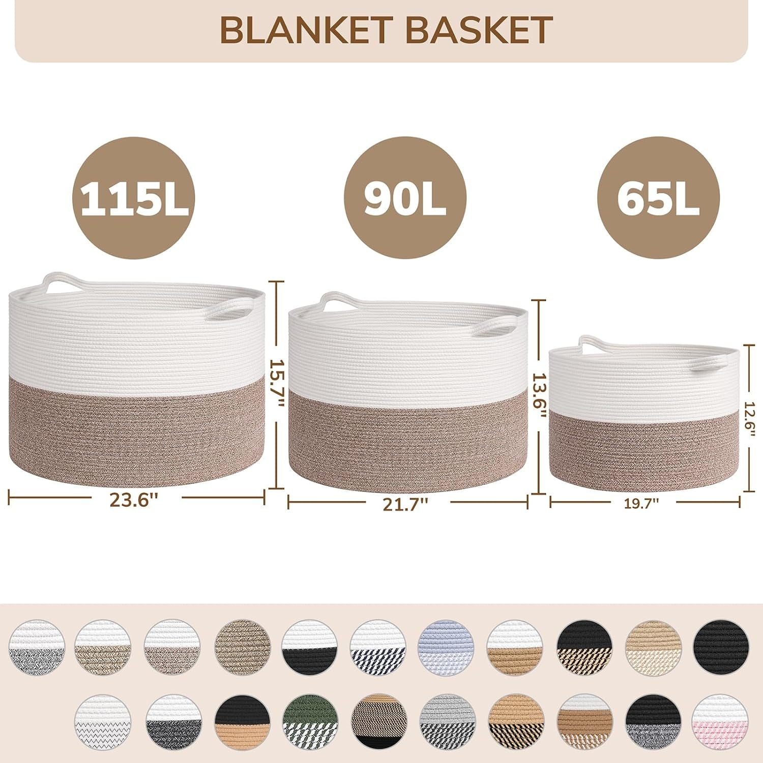 115L Extra Large Woven Rope Blanket Basket Living Room Whiteblack | 23.6" X 15.7" Storage Baskets for Toys Laundry & Pillows. Fits Living Room, Bedroom or Nursery Décor. Soft-Touch with Handles