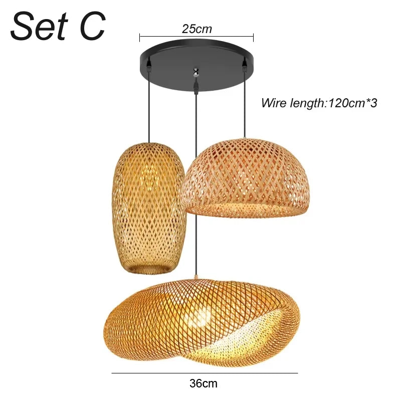 3 Pcs Lustre Rattan Wicker Lamp Shade Pendant Light Bamboo Ceiling Chandelier Set Suspended Luminaire Handmade Home Room Decor