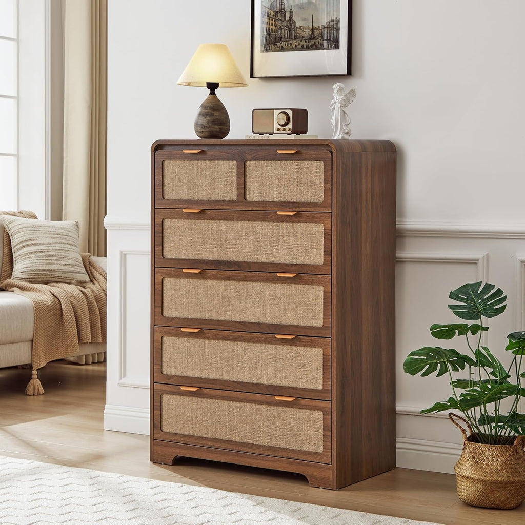 43" Tall 5 Drawer Dresser for Bedroom, Modern Wood Dresser, Walnut | Wooden Tall Dresser, Mid Century Modern Dresser with Natural Linen, Curved Wood Chest of Drawers for Living Room, Hallway