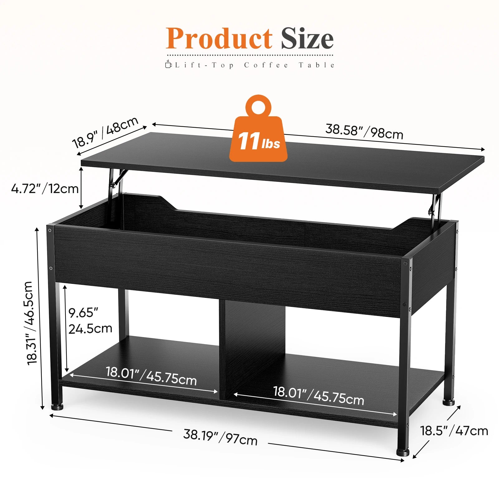 39IN Lift Top Coffee Table with Storage for Living Room Wood Adjustable 2 Shelves Easy Lift or Lower for Tea Dining Tables