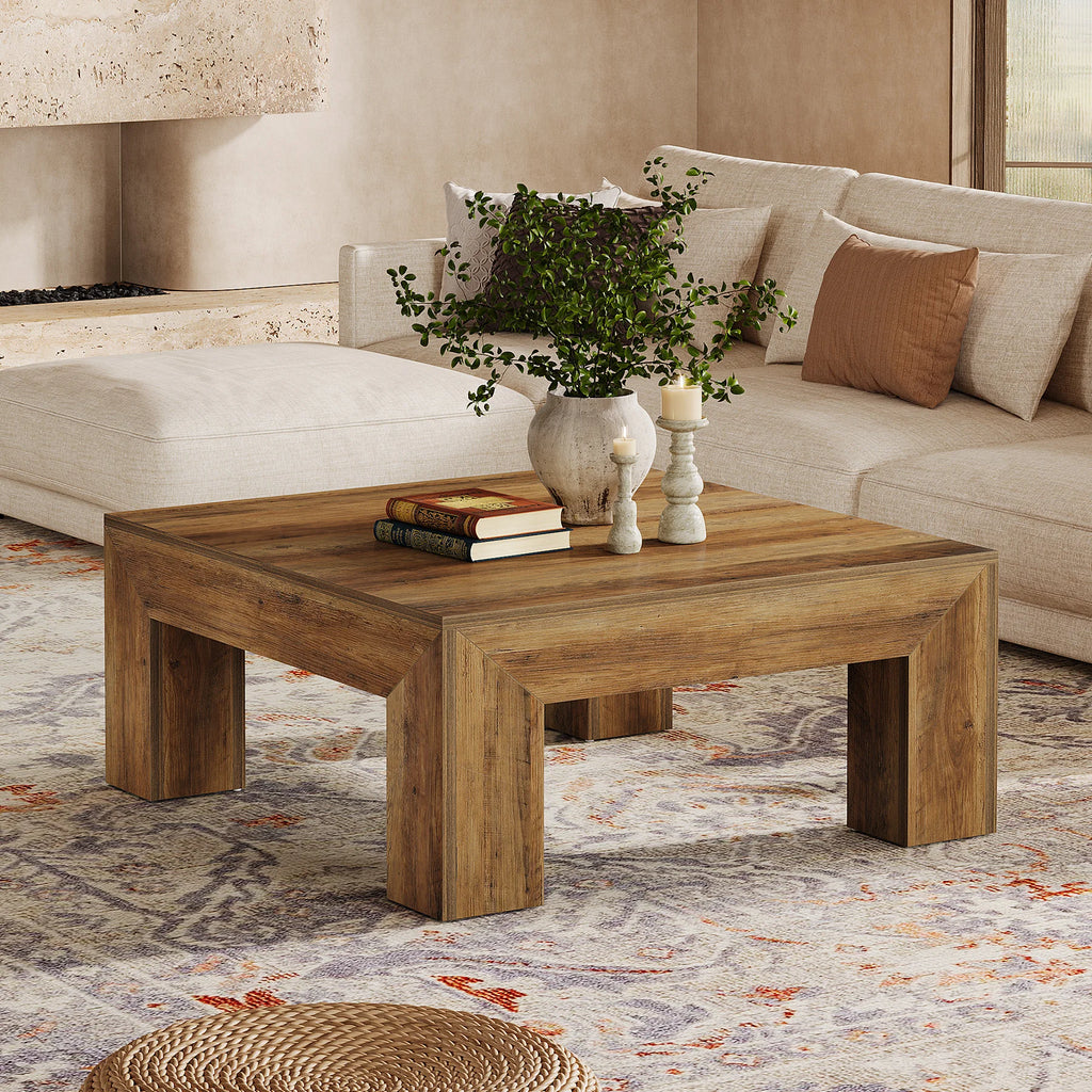 39.4-Inch Square Coffee Table for Living Room, Farmhouse All MDF Accent Center Cocktail Table with Sturdy Wooden Legs