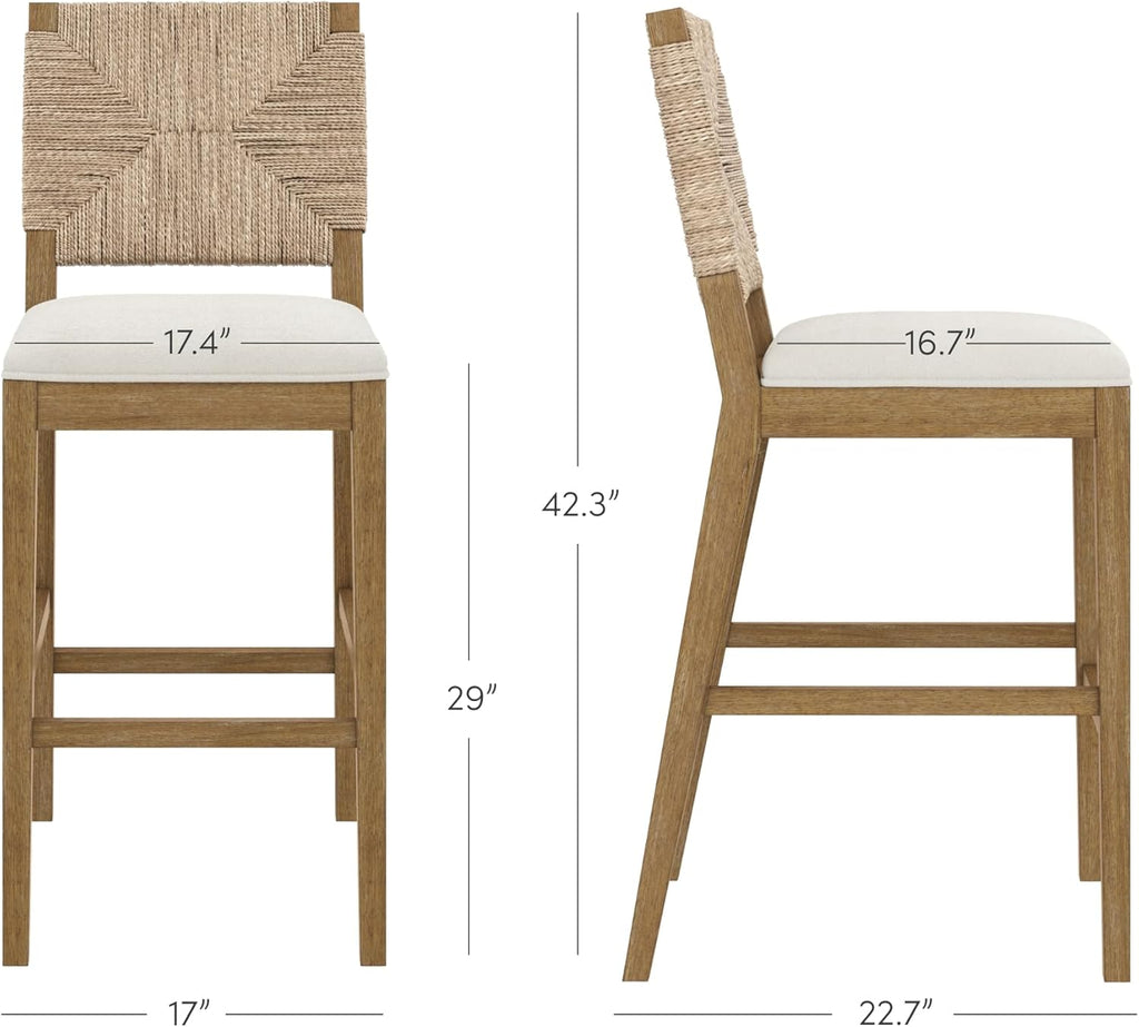 Nathan James Beacon Bohemian Boucle Bar Stool with Back, Bar Height Kitchen Island Chair, Seagrass Bar Stool, Cream Boucle/Brushed Light Brown