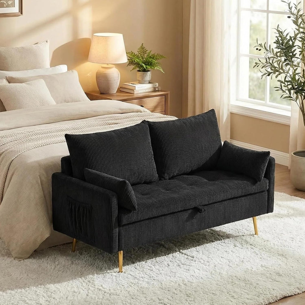 2 Seater Loveseat with Storage, 61" Corduroy Couch for Small Living Room, Bedroom, Tiny Homes & Lofts, Black