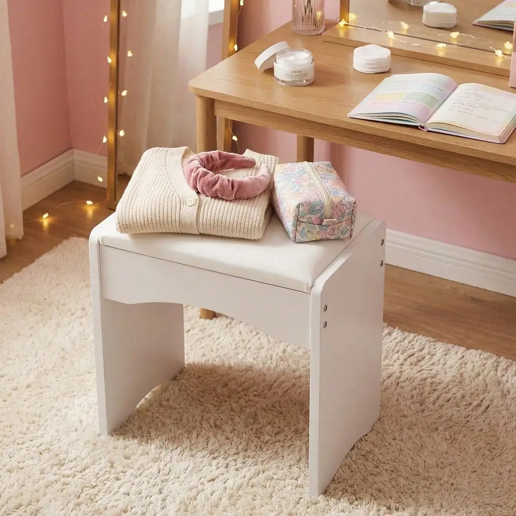 Modern Upholstered Vanity Stool with Storage, Soft Padded Seat Makeup Chair, White & Grey Accent Stool for Bedroombathroom