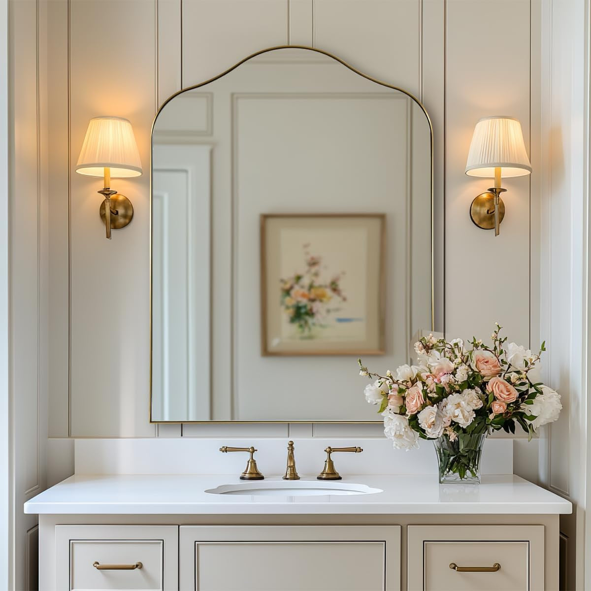 Brushed gold scalloped arched wall mirror